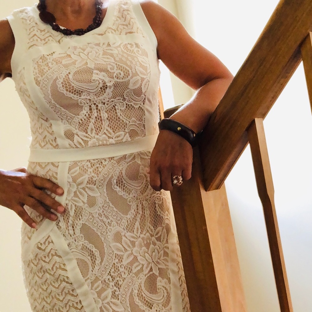 Gorgeous NEW-tan dress with lace overlay.